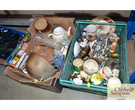 Two boxes of various china to include an egg crock, glass vase, copper colander, chamber stick, gilt highlighted teaware 