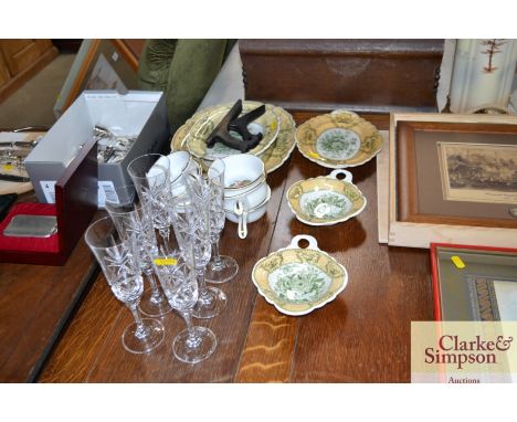 A collection of Shiraz patterned china; Royal Worcester dishes and a set of six Champagne flutes
