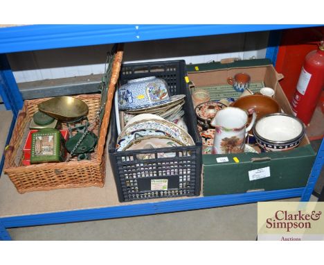 Three boxes of various sundry glass and china; a wicker hamper and contents of vintage tins; and a set of scales lacking weig