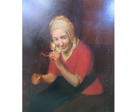 A 19th Century portrait of aging lady smoking a pipe seated on a barley twist chair, oil on board, unsigned, 35cm x 28cm