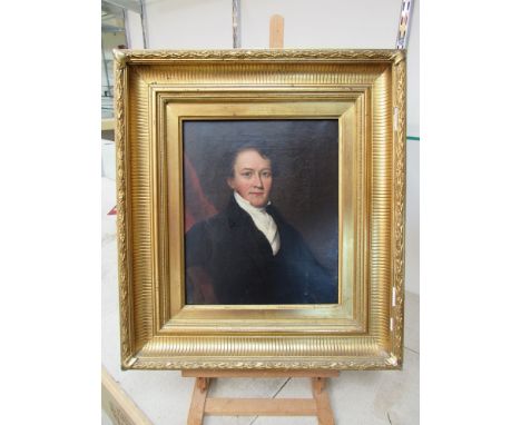 A 19th Century portrait of a seated young gentleman wearing white shirt and black coat, oil on canvas, restoration present, 3