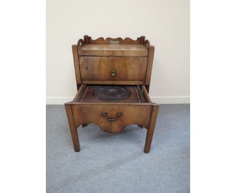 A George III mahogany night table with 3/4 gallery above a lift up door cupboard, over a pull out commode