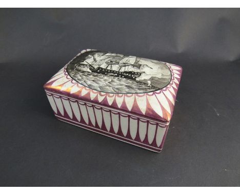 An early to mid 20th Century Grays pottery sunderland lustre lidded container with central image of man-of-war battle.