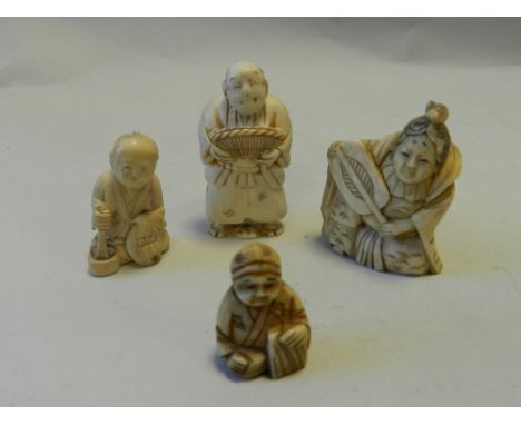 A Japanese ivory Netsuke carved as a basket maker carrying his wares, oval base, turned feet, 8.5cm high, early 20th century,