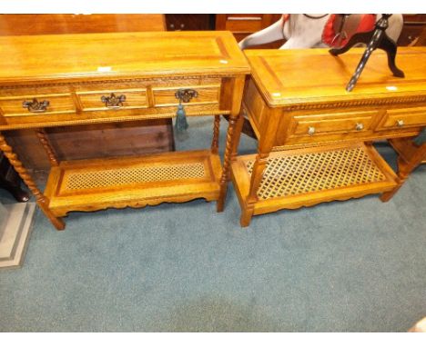 A modern light oak three drawer side table with open shelf stretcher along with a two drawer example and a chinoiserie style 