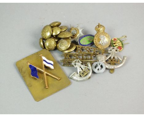 A collection of K.S.L.I and L.I badges and shoulder flashes etc, together with a button stick, a smaller collection of army b