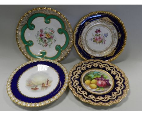 A collection of English porcelain dessert plates, late 19th / early 20th century, painted with fruits, flowers and landscapes