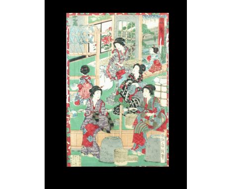 Utagawa Kunisada (1786-1864) signed Toyokuni, two woodblock prints, the first depicting a man playing a shamisen while a woma