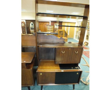 A G Plan inspired side cabinet with open display shelf above a fall front desk section, sliding top and sliding cabinet doors