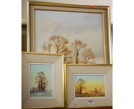 Alwyn Crawshaw - Winter landscape at sunset, oil on canvas, signed lower left, 17 x 12cm; and two others by the artist (3)   