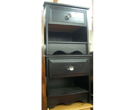 A pair of modern black painted pine single drawer bedside tables, w.45cm; together with a black painted pine round cornered l