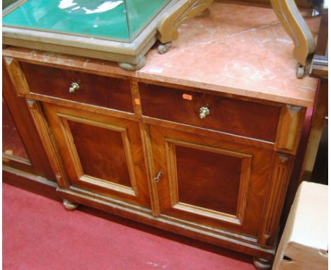 A late 19th century French walnut and later marble topped double door side cupboard, having twin frieze drawers and raised on