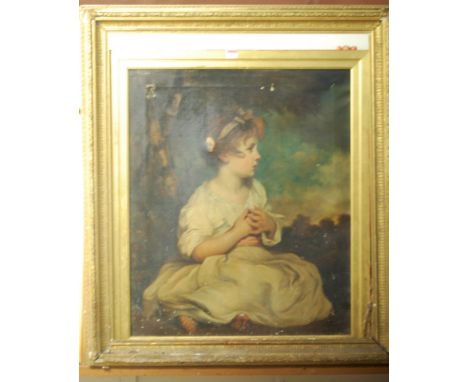19th century English school - Portrait of a child in the manner of the Pears prints, oil on canvas (a/f), 75 x 62cm