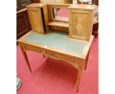 A circa 1900 rosewood and satinwood inlaid bonheur du jour, the raised superstructure with mirror inset twin cupboard doors o