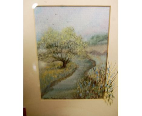 Four various amateur watercolours, including annotated Edwardian example; together with a modern cross-stitch panel (5) 