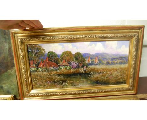 H Squires - Woman and Child by a reed pond with cottages, oil on panel, signed lower centre, 20 x 39cm