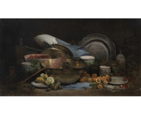 Französische SchuleEnde 19. Jhdt.75 x 135 cm, o. R.Küchenstillleben. Öl/Lwd.Aus süddeutschem Schloßbesitz