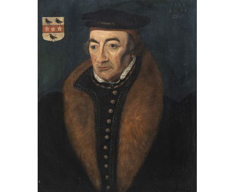 Süddeutschland16. Jhdt.60 x 49 cmPortrait eines vornehmen Herrn mit pelzverbrämten Wams aus der Familie Kraffter. Öl/ Holz, o