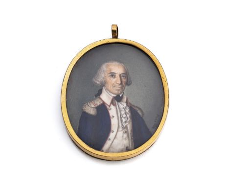 Miniaturportrait eines Herren in blauer Uniformjackedatiert 17905,8 x 4 cmGouache/Elfenbein, Messingrahmen. Undeutl. monogram