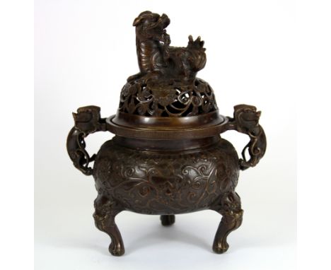 A good quality Chinese cast bronze censer with lion dog knop, H. 25cm.