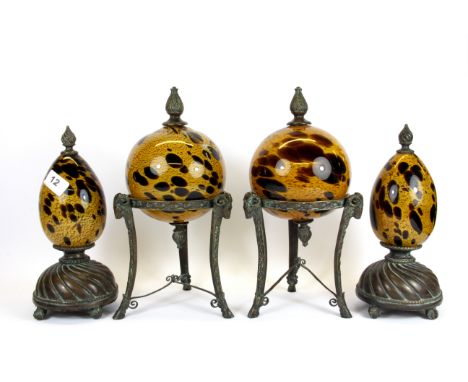 A set of four Murano glass and bronze style decorative items, H. 30cm, (one orb A/F).
