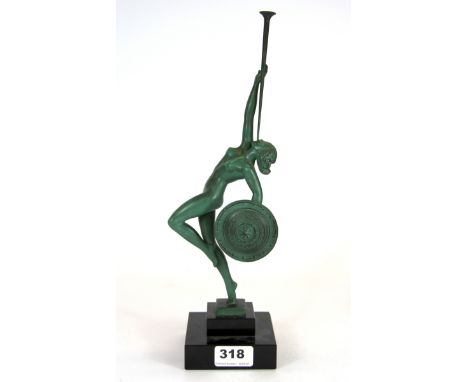 An Art Deco style bronze trumpeter figure on a black marble plinth, H. 34cm.