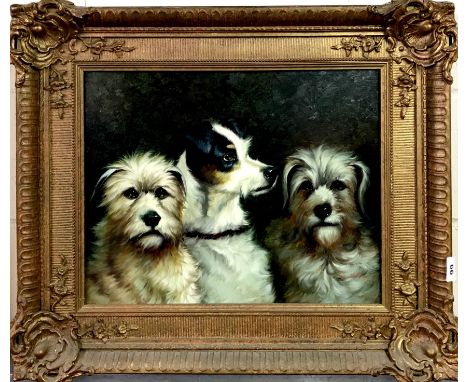 A large gilt framed oil on panel of three dogs signed G. Metsu, 70 x 60cm.