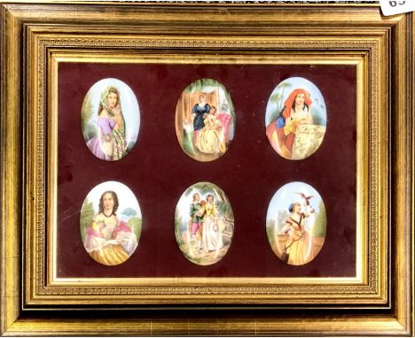 A gilt framed set of six 19th Century hand painted German porcelain panels, framed size 40 x 31cm, panel H. 7.5cm.