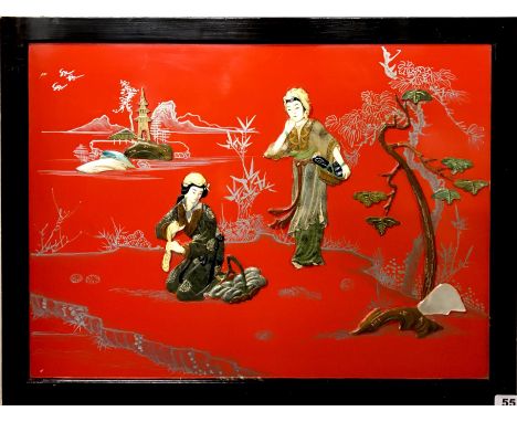 A mid 20th Century Chinese lacquered wooden panel inset with soapstone and mother of pearl, 61 x 46cm.