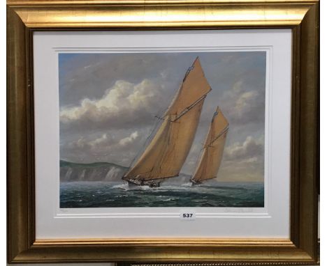 Thomas J. Burnell gilt framed limited edition 184/250 lithograph of racing yachts, 79 x 70cm.