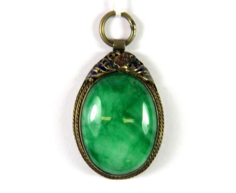 A Tibetan jade/ hardstone and enamelled pendant, H. 7cm.
