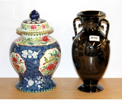 A Copland Spode porcelain jar and lid together with a black glazed porcelain vase with classical decoration, H. 30cm.