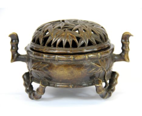A Chinese bamboo design bronze censer, W. 17cm.