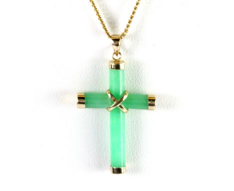 A yellow metal (tested minimum 9ct gold) jade cross pendant and chain.