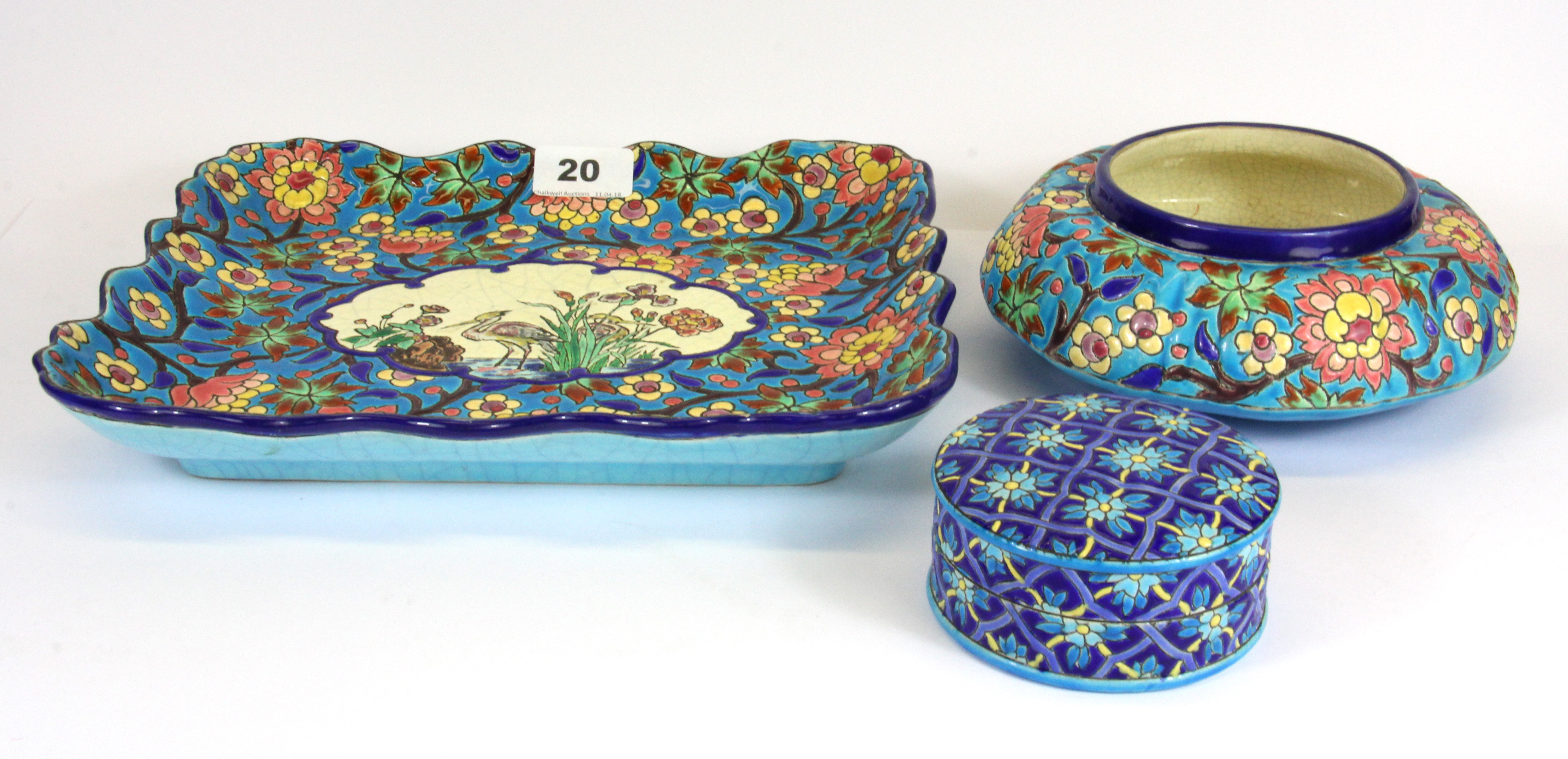 Three pieces of French Longwy pottery, dish W. 28cm.