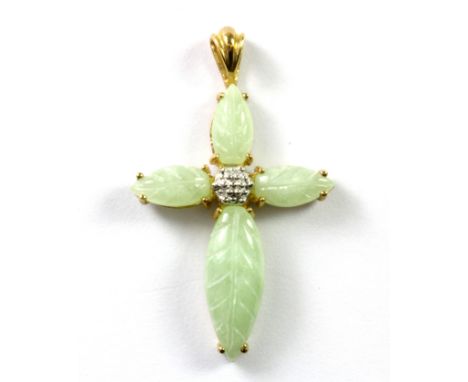 A 9ct yellow gold cross pendant set with carved jade and diamonds, L. 3cm.