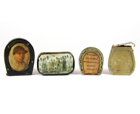 Two antique horse racing match holders, together with a silver plated portable inkwell and an early papier mache snuff box.