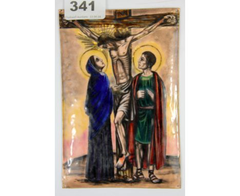 A hand enamelled copper panel of the Crucifixion, by Dominic Piechavo, 16.5 x 11cm.