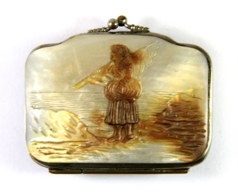 An Edwardian carved mother of pearl and leather purse engraved St. Malo, 7 x 6cm.