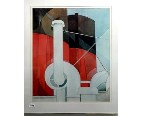 An interesting contemporary lithograph of a ship's funnel, 64 x 78cm.