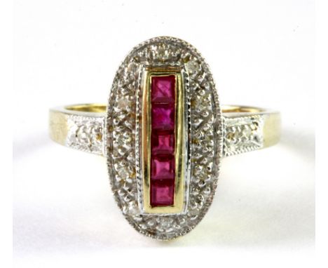 An Art Deco style 9ct yellow gold ruby and diamond set ring, (M.5).