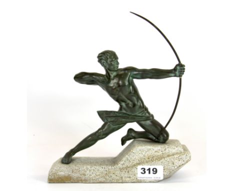 An Art Deco bronze archer figure on a stone plinth, signed M le Verrier, H. 26cm.