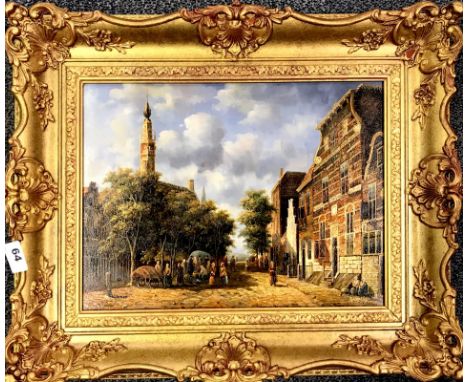An unsigned gilt framed oil on panel historic Dutch street scene, 57 x 47cm.
