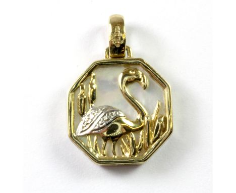 A 9ct yellow gold and mother of pearl flamingo pendant set with two diamonds, L. 2.2cm.