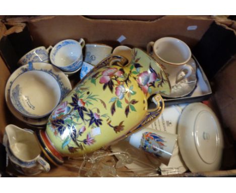 A box containing a quantity of assorted ceramic items including Crown Devon Old England over-sized cup and saucer, Furnivalls