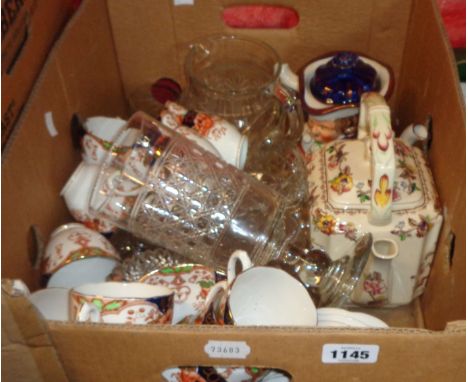 A box containing a quantity of assorted ceramic and glass items including Masons Ironstone Nabob tea kettle, cut glass celery