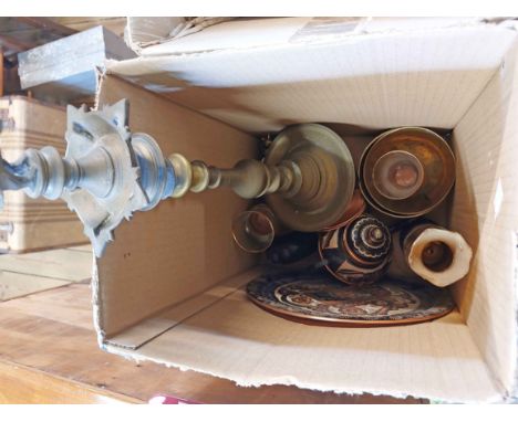 A box containing a quantity of assorted metalware and other collectable items including Eastern cast brass temple lamp, bowls