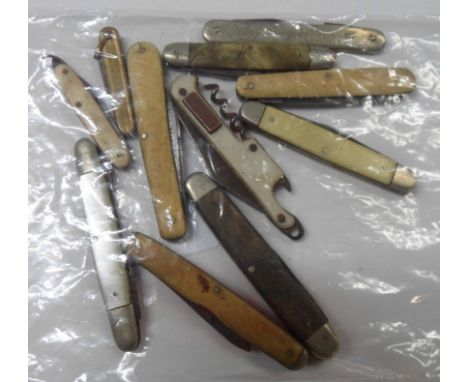 A bag containing a quantity of assorted penknives including advertising, horn handled and multi-tool examples