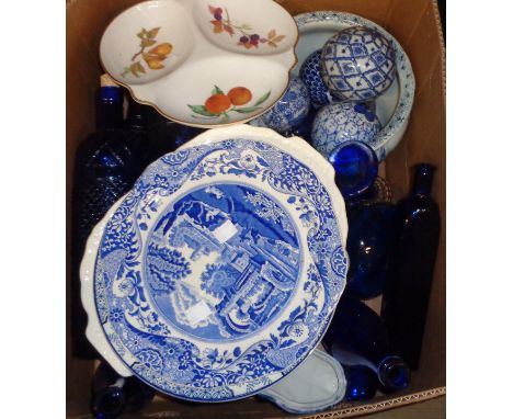 A box containing a quantity of assorted glassware and ceramic items including Bristol blue glass bottles, vases, Copeland Spo