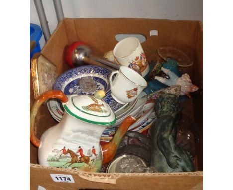 A box containing a quantity of assorted ceramic, glass and collectable items including Copeland Spode hunting scene coffee po